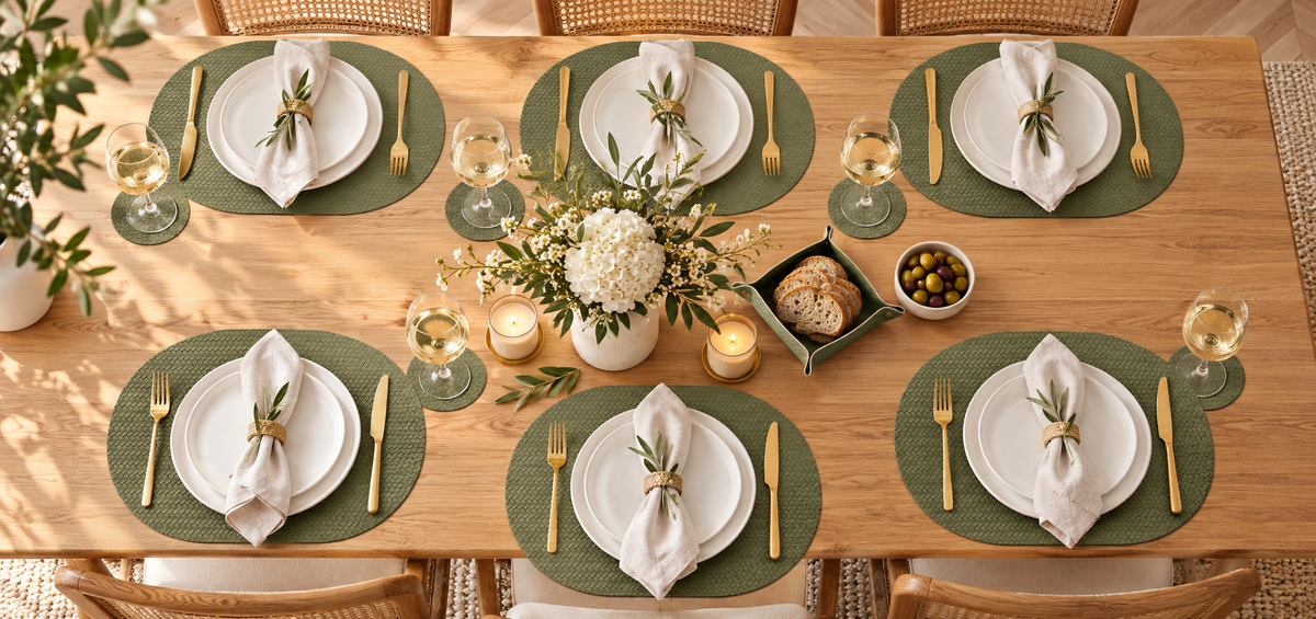 PROMATTOO Woven-Texture Oval Placemats with Coasters & Tray | Set of 4/6