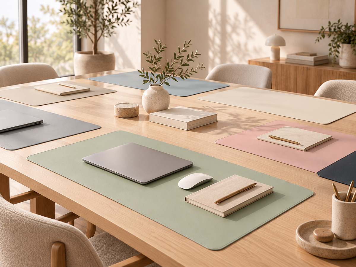 Modern workspace with a refined leather desk mat