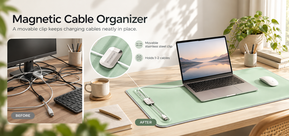 PROMATTOO Double-Sided Vegan Leather & Felt Desk Mat with Magnetic Cable Organizer