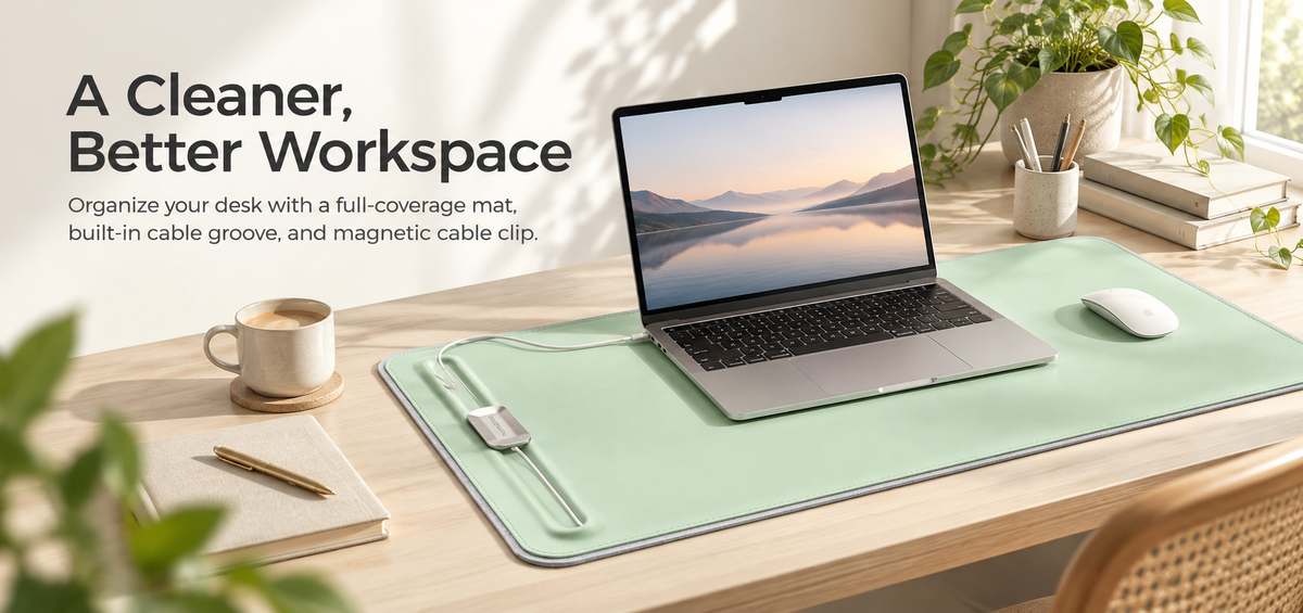 PROMATTOO Double-Sided Vegan Leather & Felt Desk Mat with Magnetic Cable Organizer