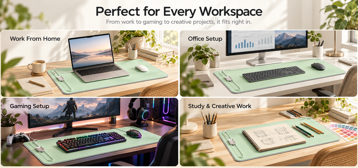 PROMATTOO Double-Sided Vegan Leather & Felt Desk Mat with Magnetic Cable Organizer