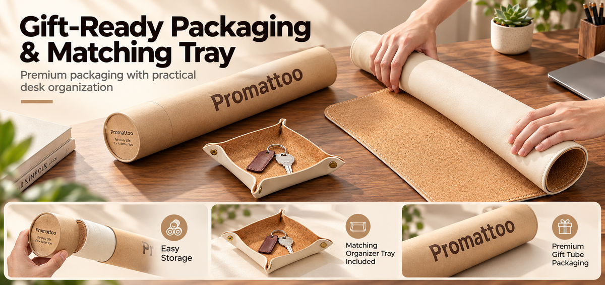 PROMATTOO Faux Leather Desk Mat & Tray Set, 80 × 40 cm