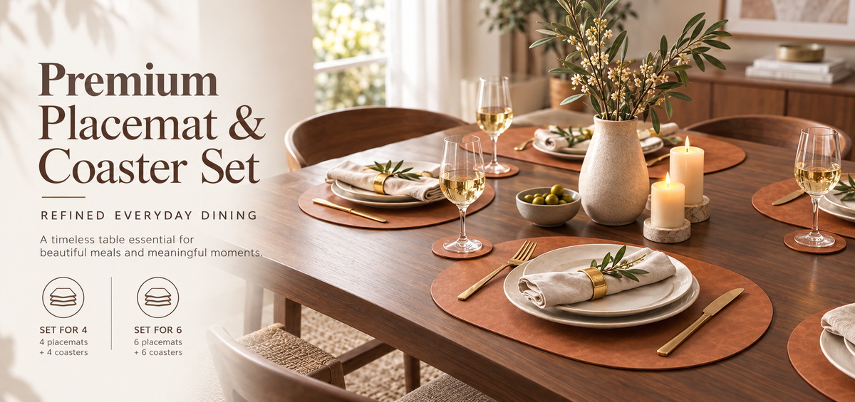 PROMATTOO Oval Faux Leather Placemats with Matching Coasters, Cork-Look Backing, Sets of 4, 6 or 8