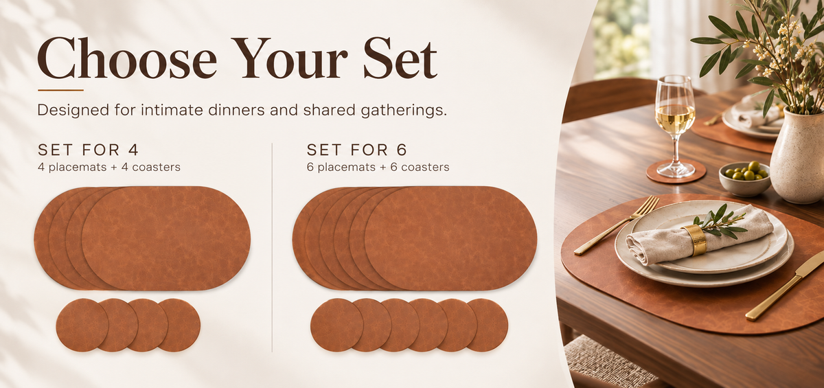 PROMATTOO Oval Faux Leather Placemats with Matching Coasters, Cork-Look Backing, Sets of 4, 6 or 8
