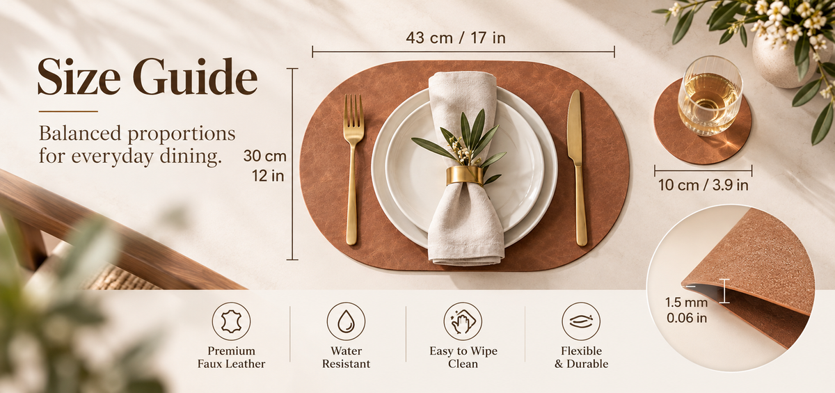 PROMATTOO Oval Faux Leather Placemats with Matching Coasters, Cork-Look Backing, Sets of 4, 6 or 8