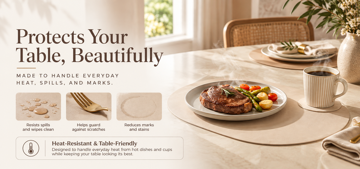 PROMATTOO Oval Faux Leather Placemats with Matching Coasters, Cork-Look Backing, Sets of 4, 6 or 8