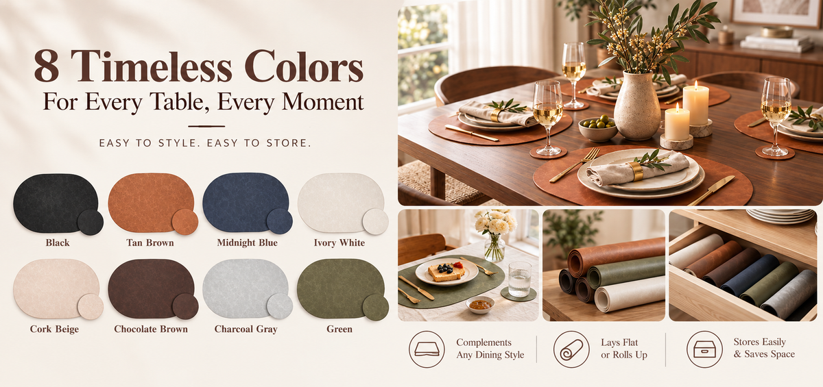 PROMATTOO Oval Faux Leather Placemats with Matching Coasters, Cork-Look Backing, Sets of 4, 6 or 8