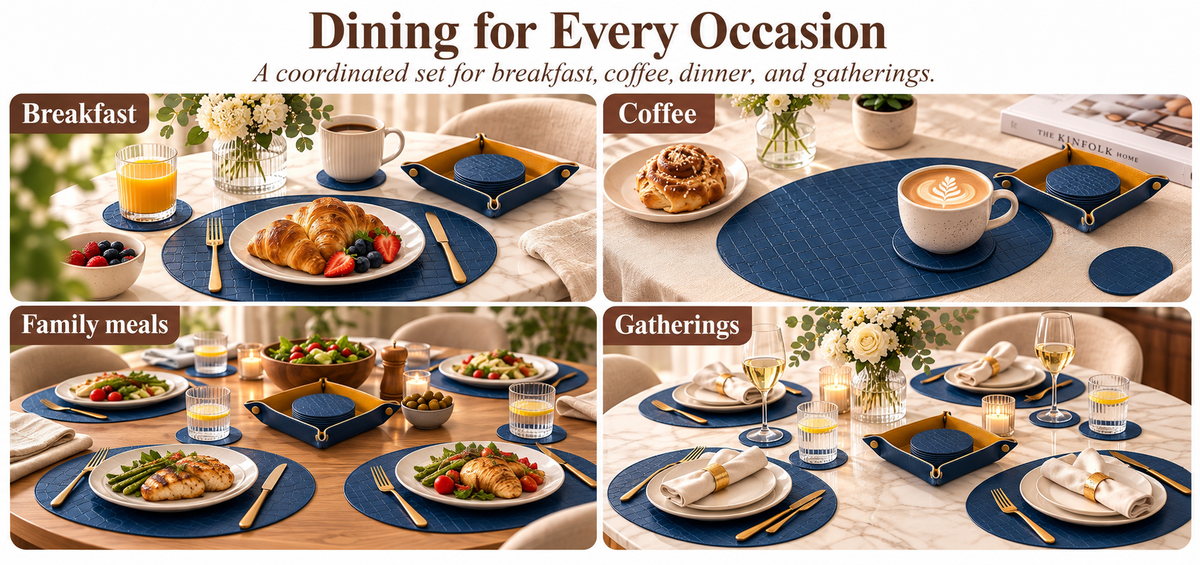 PROMATTOO Crocodile-Embossed Oval Faux Leather Placemats with Coasters & Tray