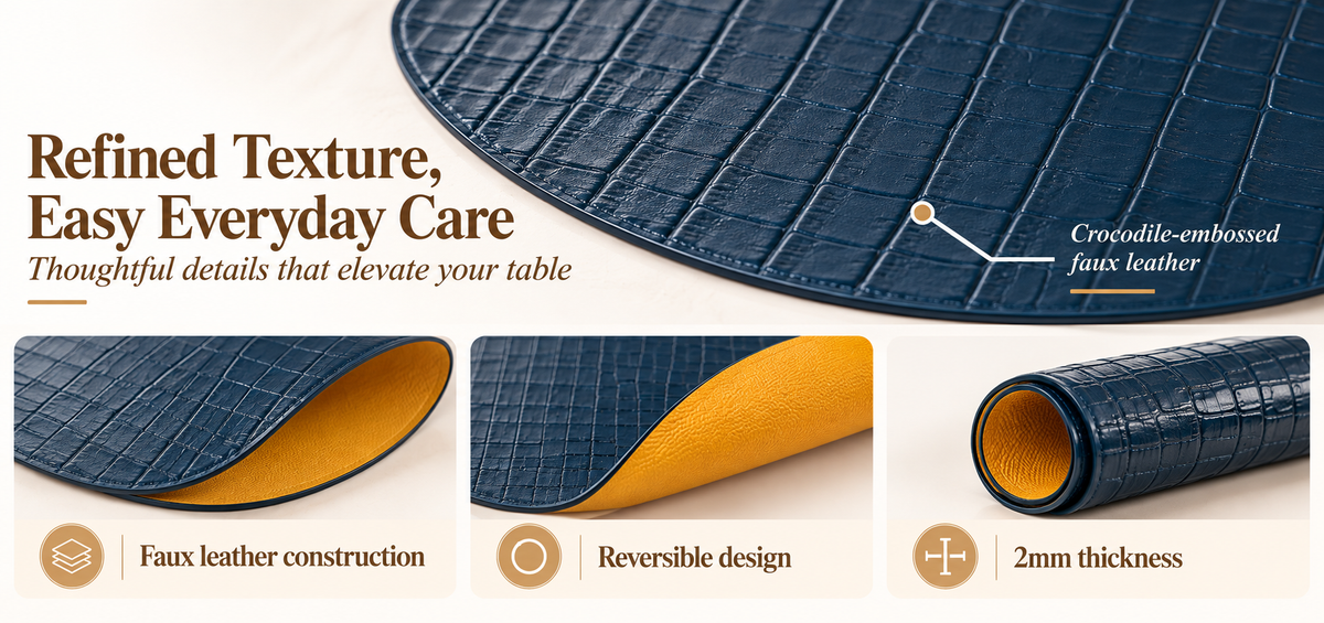 PROMATTOO Crocodile-Embossed Oval Faux Leather Placemats with Coasters & Tray
