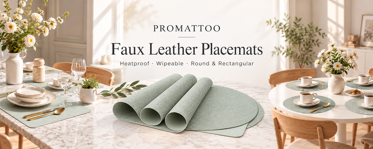 PROMATTOO Faux Leather Placemats, Linen-Look Texture, 3 Shapes, Set of 4 or 6