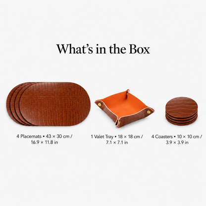PROMATTOO Crocodile-Embossed Oval Faux Leather Placemats with Coasters & Tray