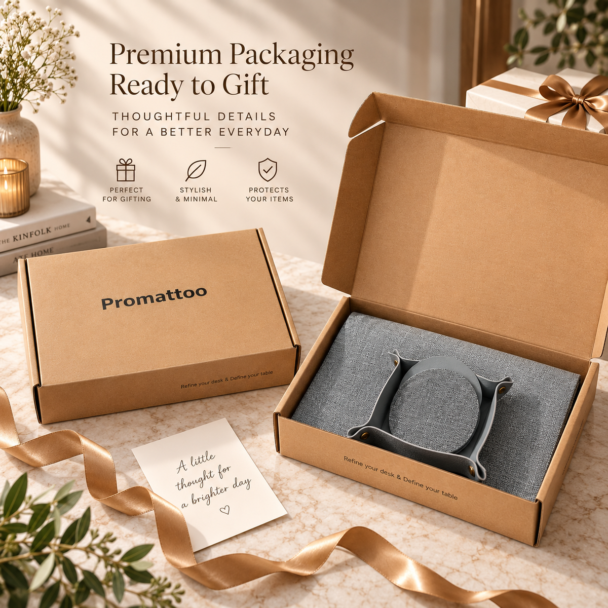Promattoo Linen-Texture Placemats Set of 6 with Coasters & Storage Tray | Vegan Leather