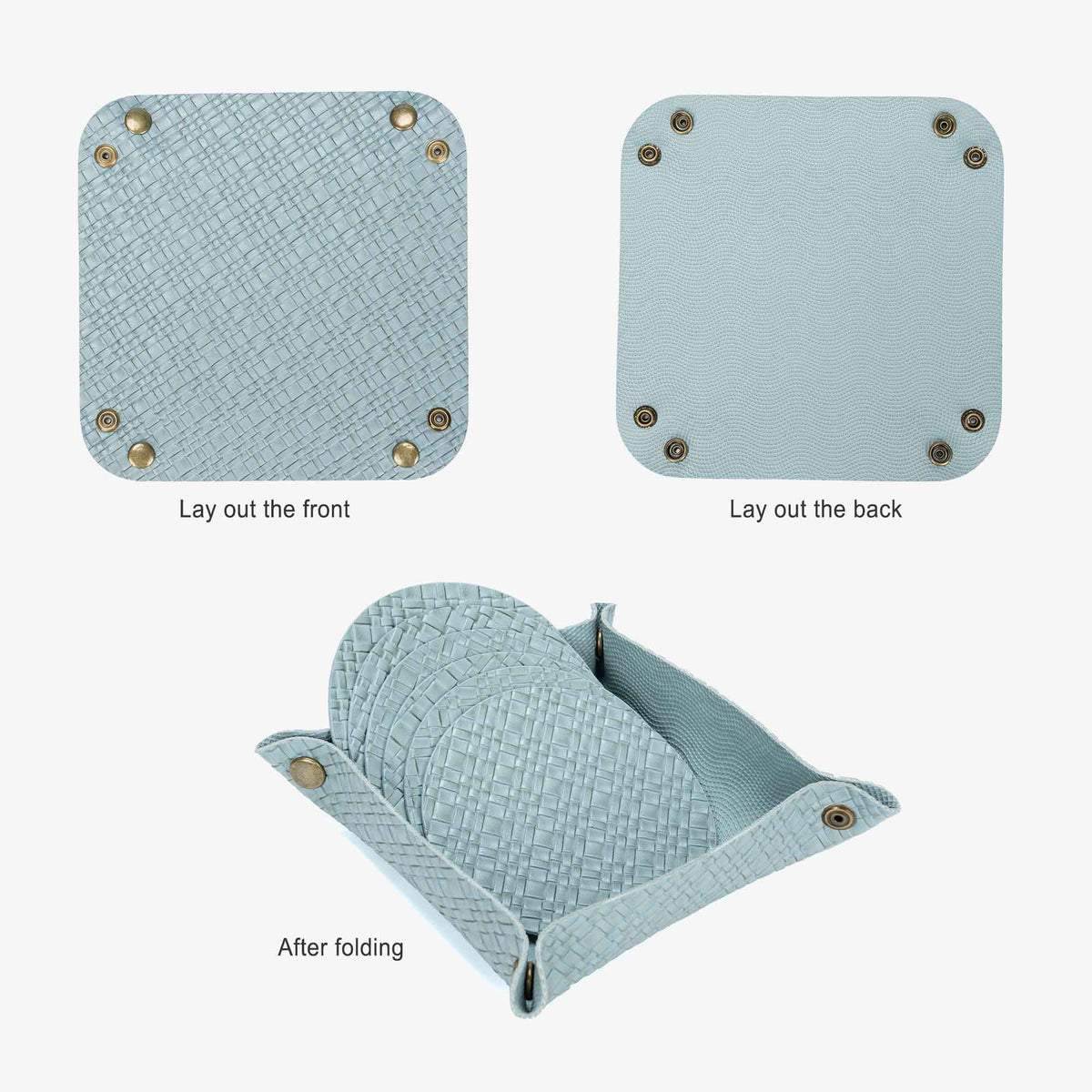 Foldable faux leather storage tray panel with snap fasteners for the PROMATTOO placemat set
