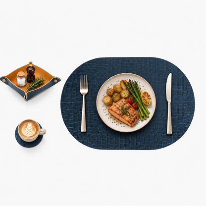 PROMATTOO crocodile-embossed oval faux leather placemats in [color], [set of 4 or 6], with coasters and tray
