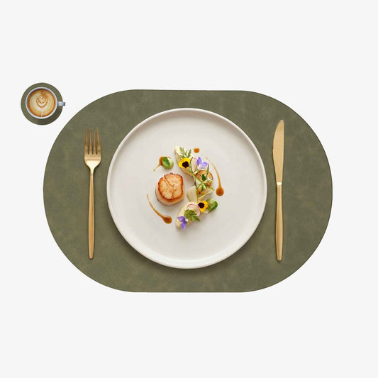 PROMATTOO oval faux leather placemats with matching round coasters in [Olive Green]