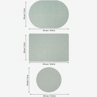 PROMATTOO rectangular faux leather placemat in {color}, 43 × 30 cm, set showing {count} placemats