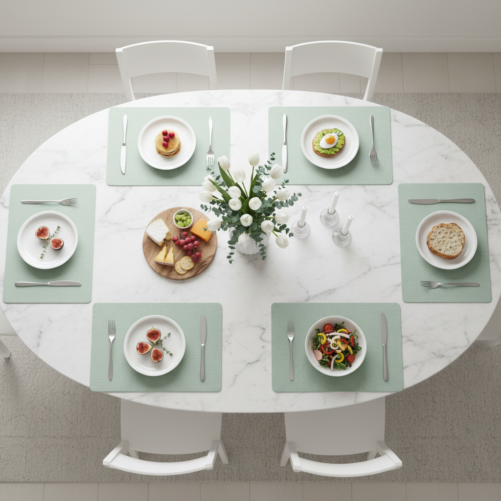 PROMATTOO rectangular faux leather placemat in {color}, 43 × 30 cm, styled with plates and cutlery on a dining table