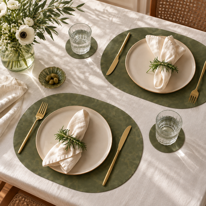 PROMATTOO set showing [4, 6 or 8] oval placemats and matching round coasters