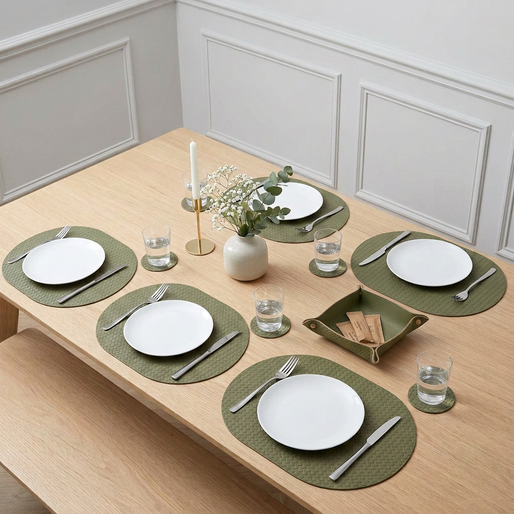 PROMATTOO woven-look oval placemats styled on a natural, modern dining table
