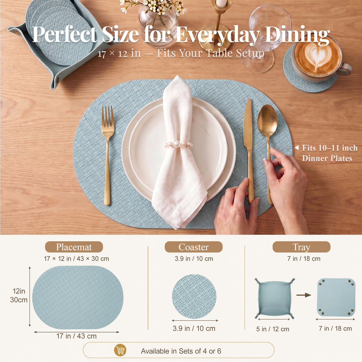 Size guide showing PROMATTOO oval faux leather placemats measuring 43 by 30 centimeters