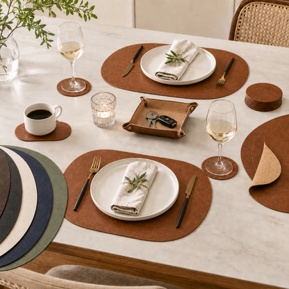 Vintage Cork-Look Vegan Leather Placemats Set with Coasters and Storage Box