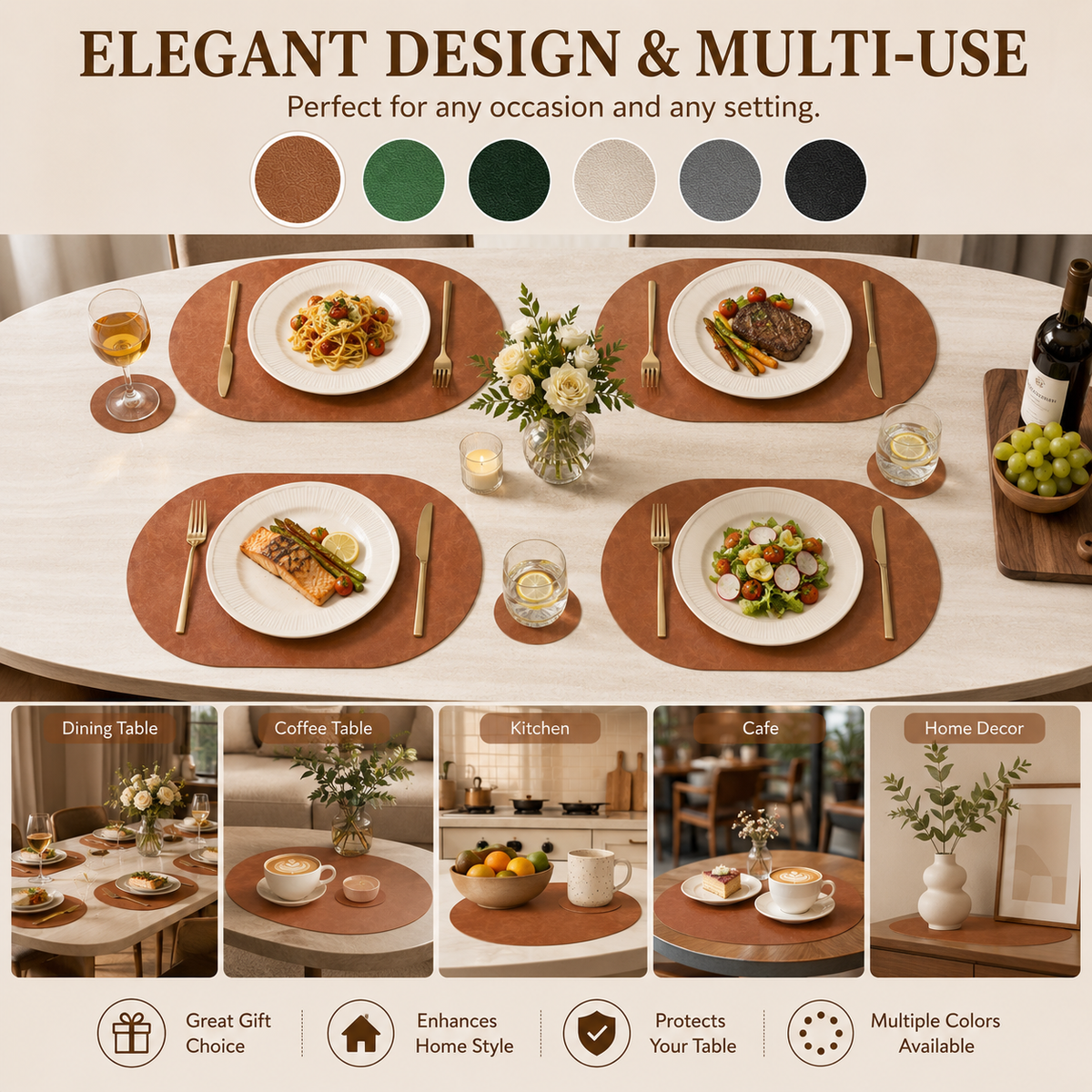 Vintage Cork-Look Vegan Leather Placemats Set with Coasters and Storage Box