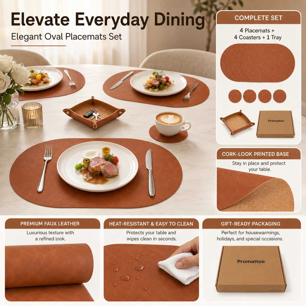 Vintage Cork-Look Vegan Leather Placemats Set with Coasters and Storage Box